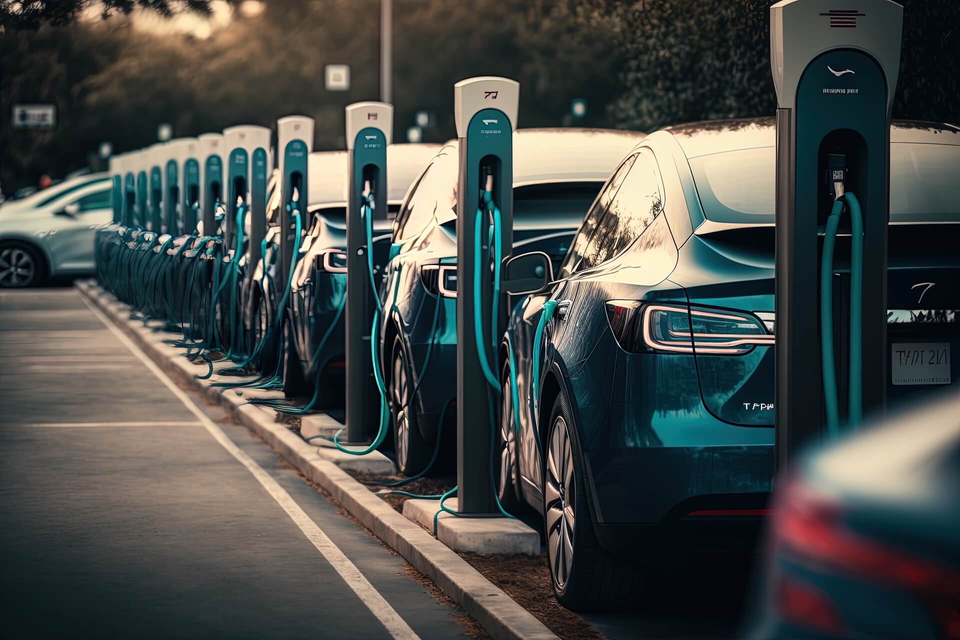 Row of electric vehicles charging at a public EV station.