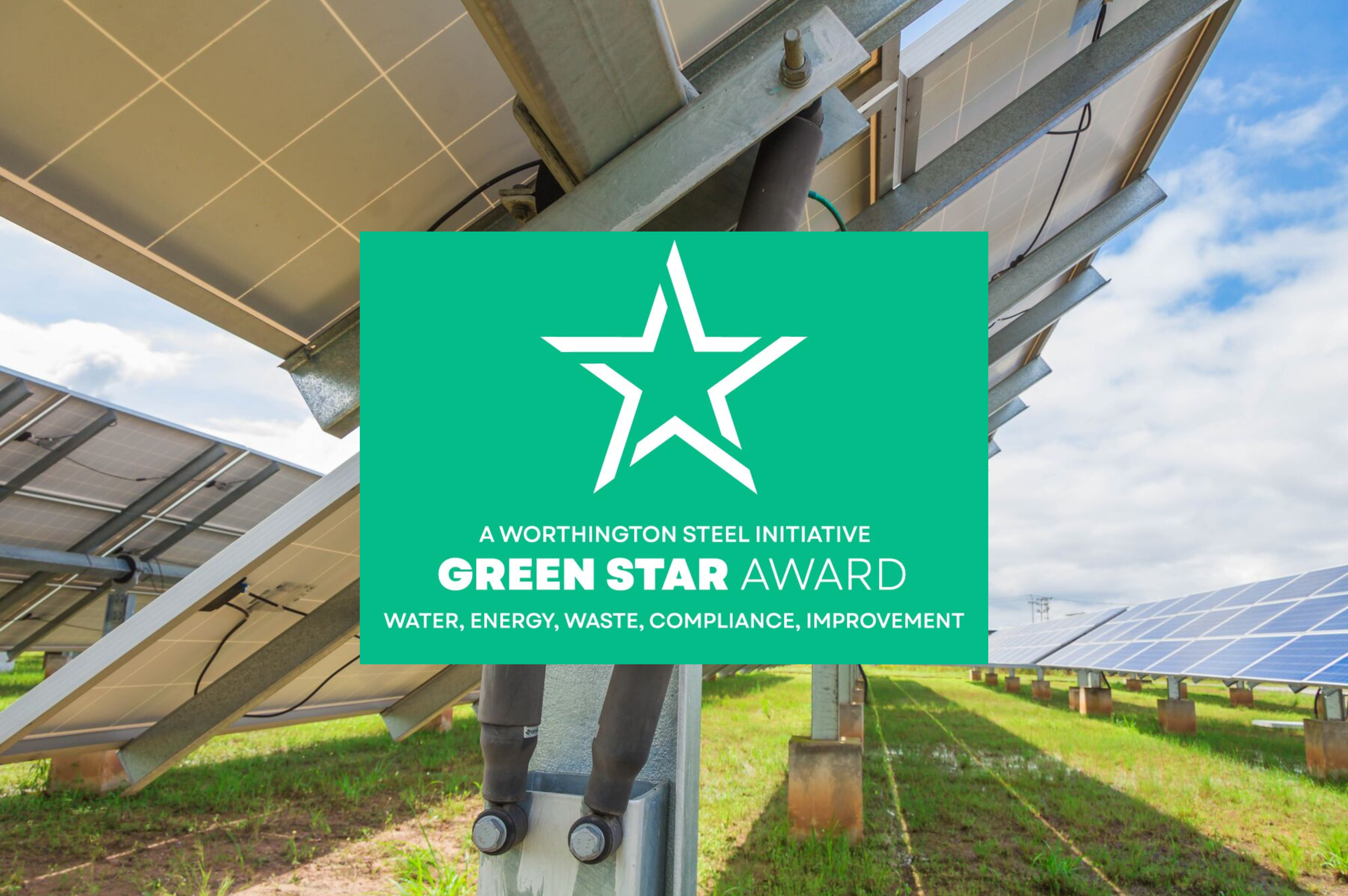 Worthington Steel Green Star Award graphic overlaid on a solar panel field.
