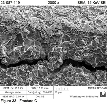 The fracture surface shows a mixed-mode fracture morphology.