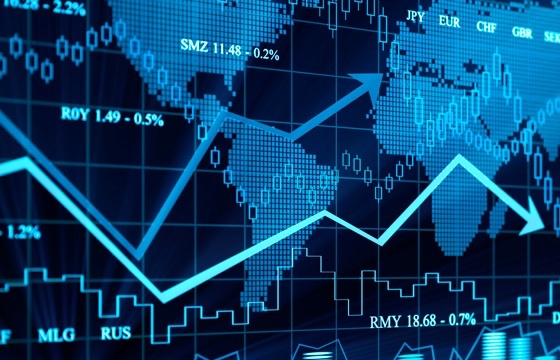 Blue hued flat roll steel buying financial strategy map with various arrows reflecting trends.