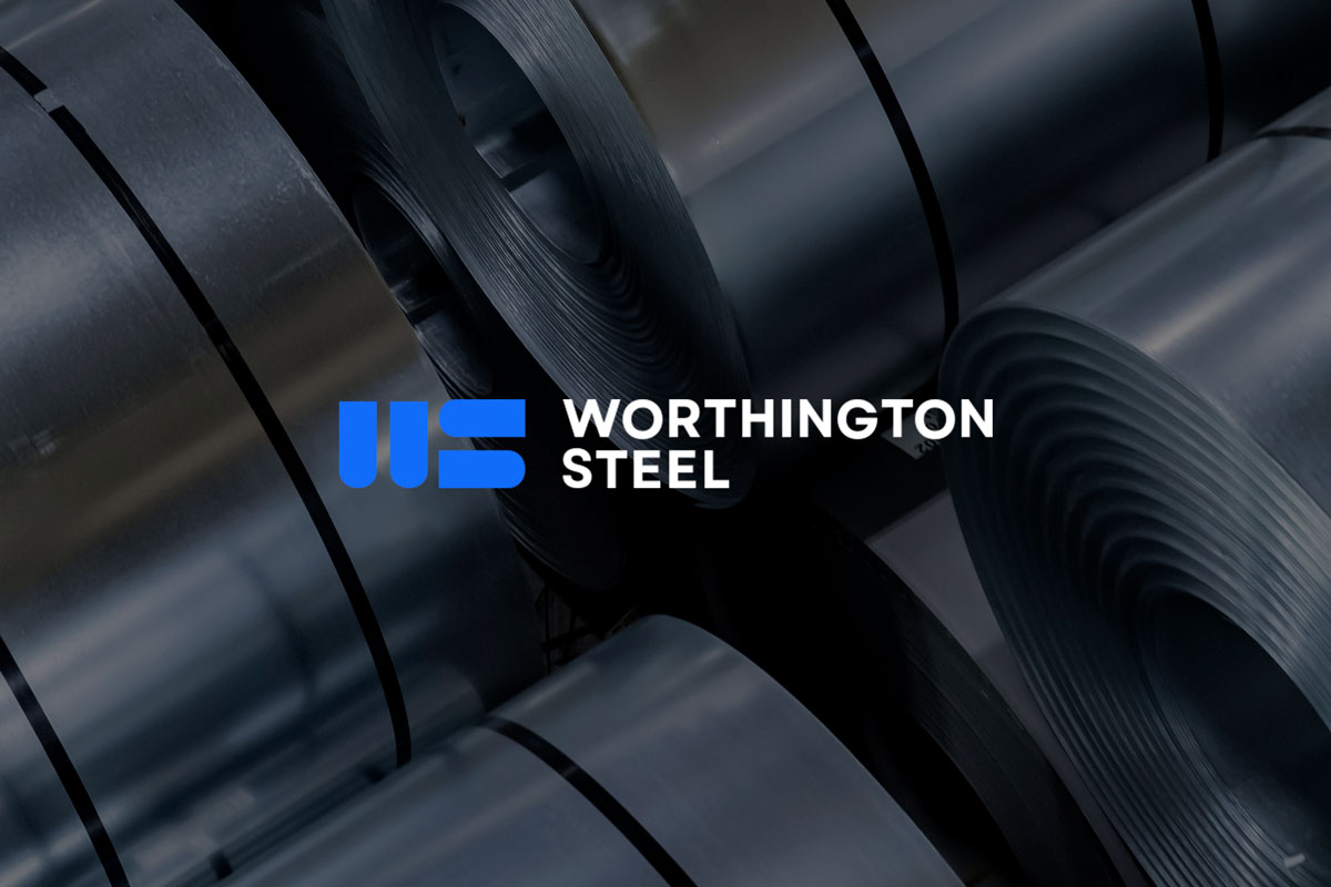Worthington Steel logo layered on top of processed steel coils.